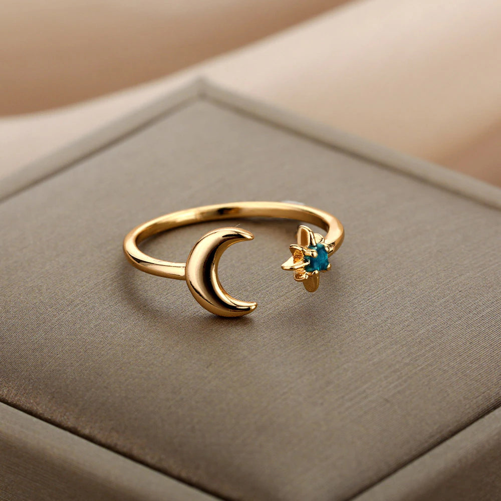 Zircon Moon Rings for Women Stainless Steel Glowing Moon Star Adjustable Finger Ring Aesthetic Wedding Jewelery Gift Bague Femme