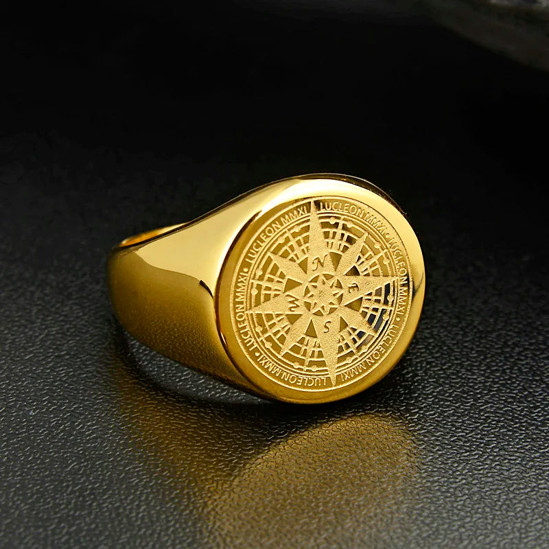 Valily Mens Compass Ring Gold Stainless Steel Fashion Navigator Jewelry for Men